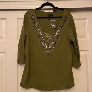 LANE BRYANT NWT | Green Beaded & Lace Half Sleeved Blouse